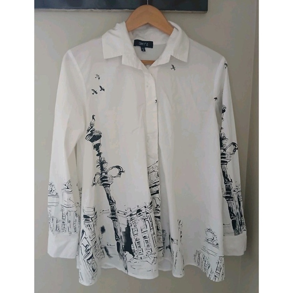 Comfy USA Zipper Back Poplin Blouse Size Medium City Print Lagenlook Art to Wear